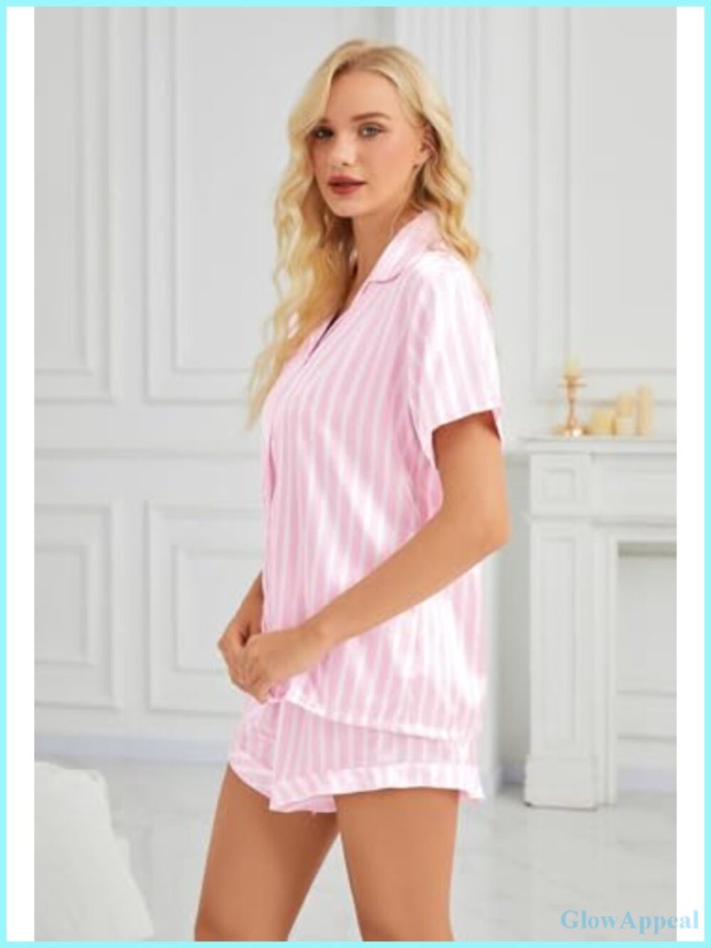 Women's Striped Satin Pajama Set Drawstring Ruffled Shorts Notch Neck - Picture 2 of 5